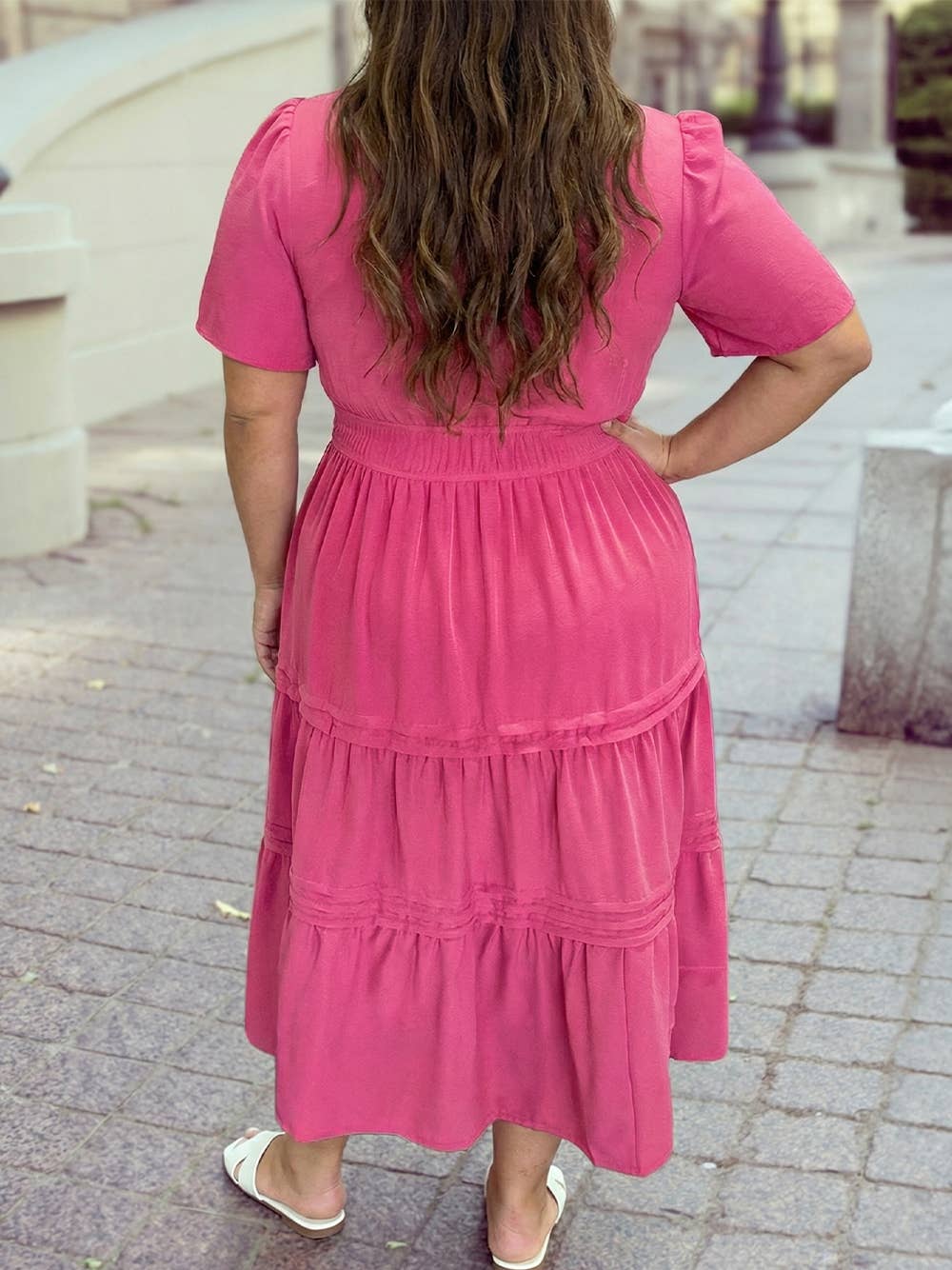 Plus Size Split Neck Short Sleeve Flare Tiered Maxi Dress