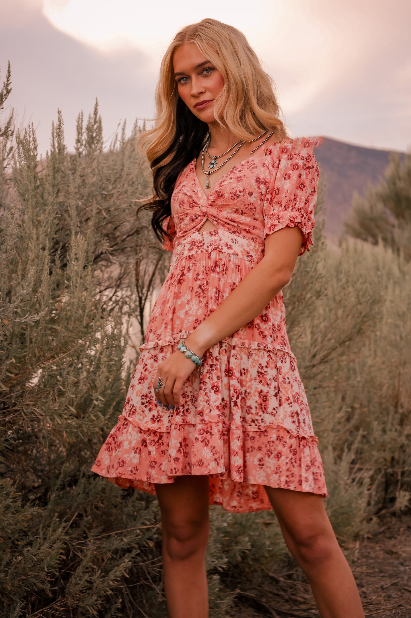 V- Neck Twist Front cut Out Puff Sleeve Dress
