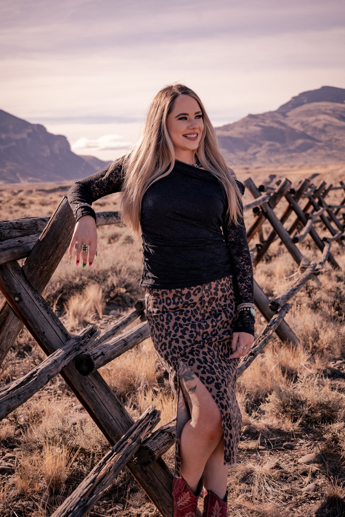 Leopard Denim Frayed Split Midi Skirt