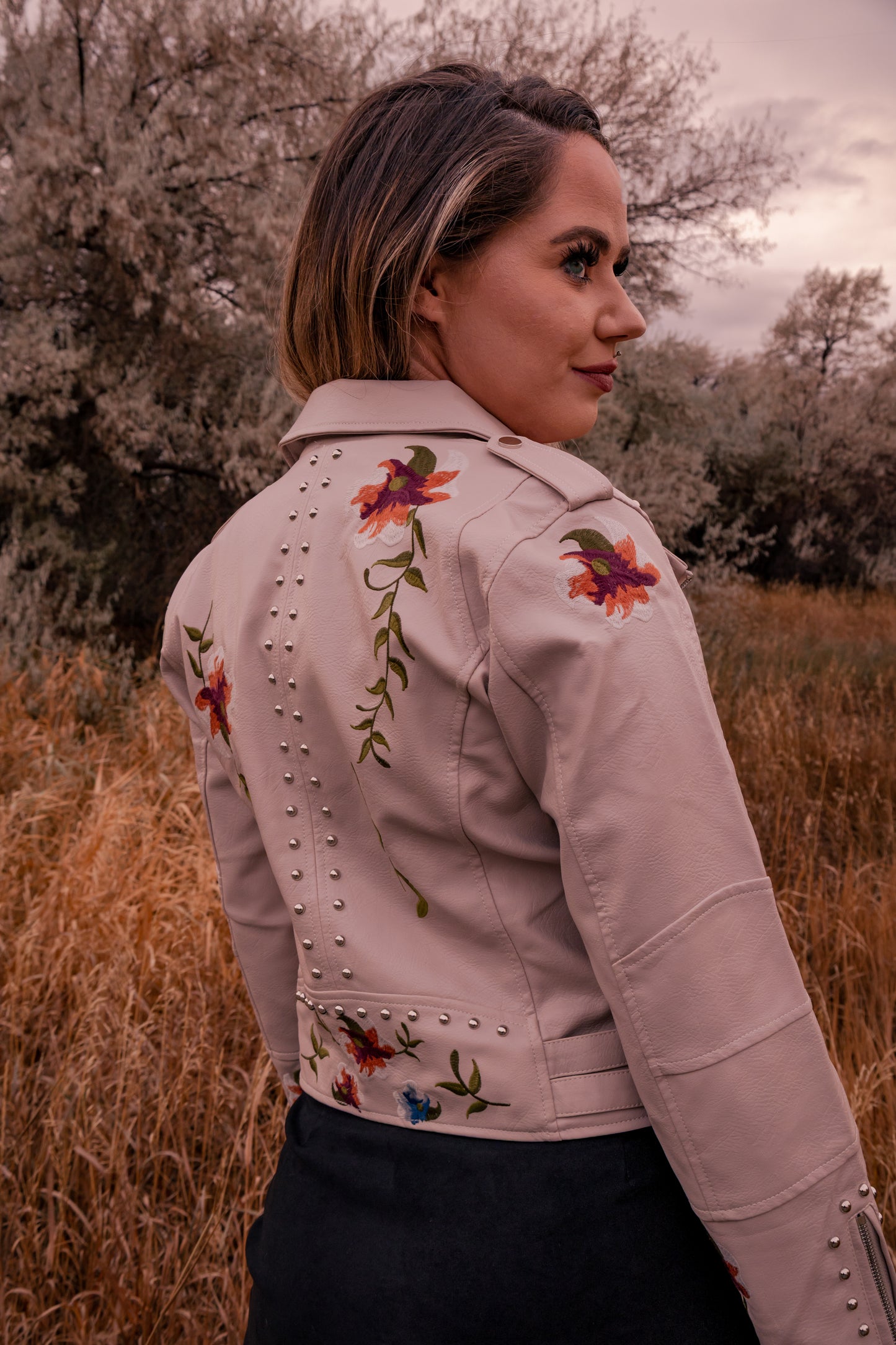 White Leather Floral Jacket