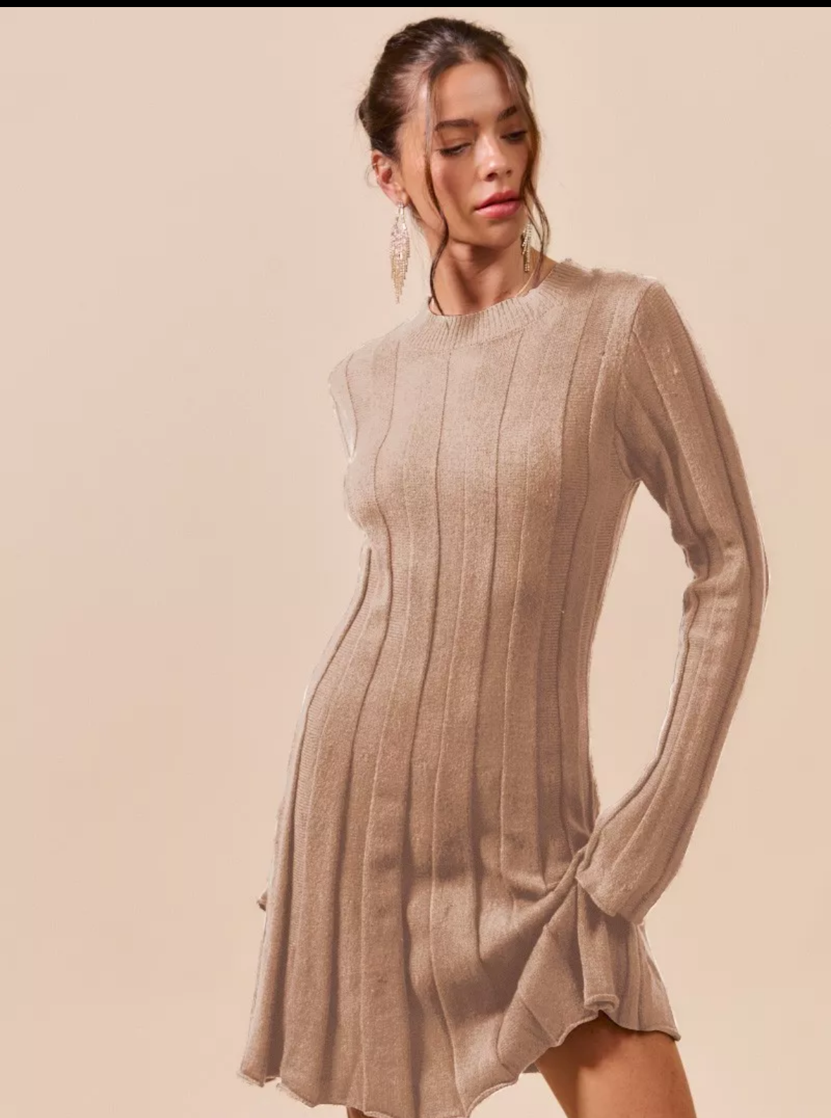 Sand Ribbed Knit Long Sleeve Sweater Dress