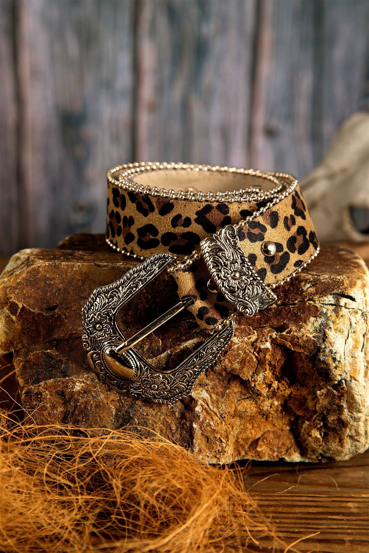 Leopard Beading Trim Retro Embossed Hardware PU Waist Belt
