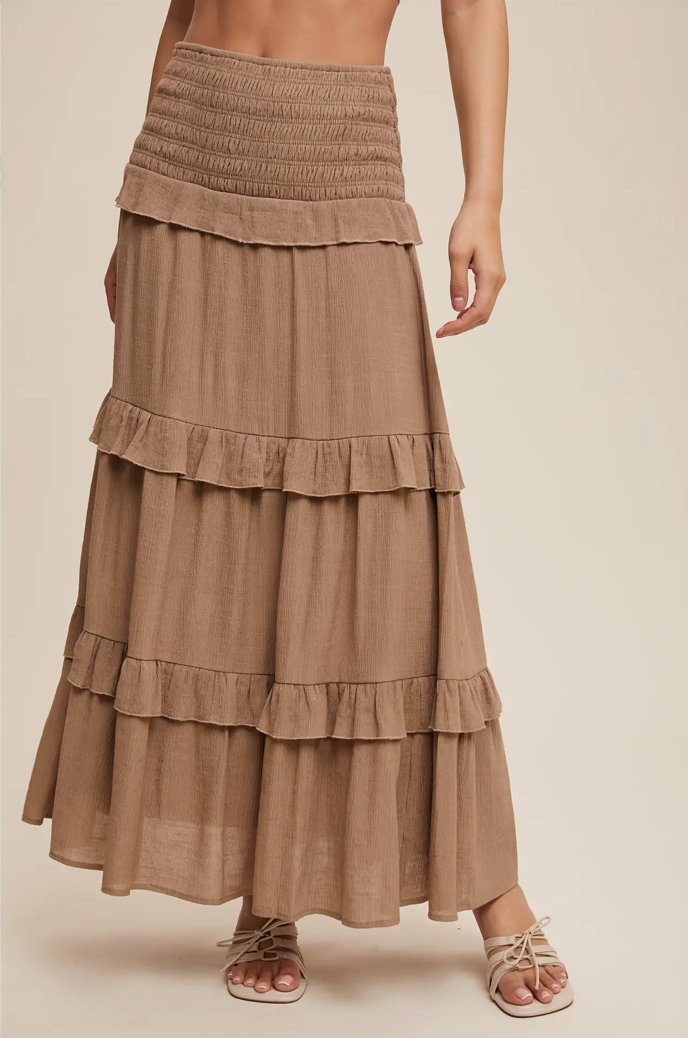 2-Way Smocked Ruffle Tiered Midi Dress or Skirt