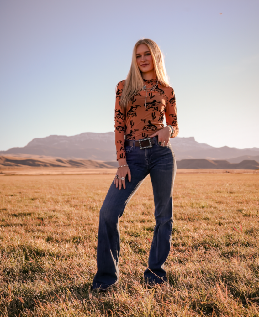 Caramel Cowboy Velvet Mesh Top