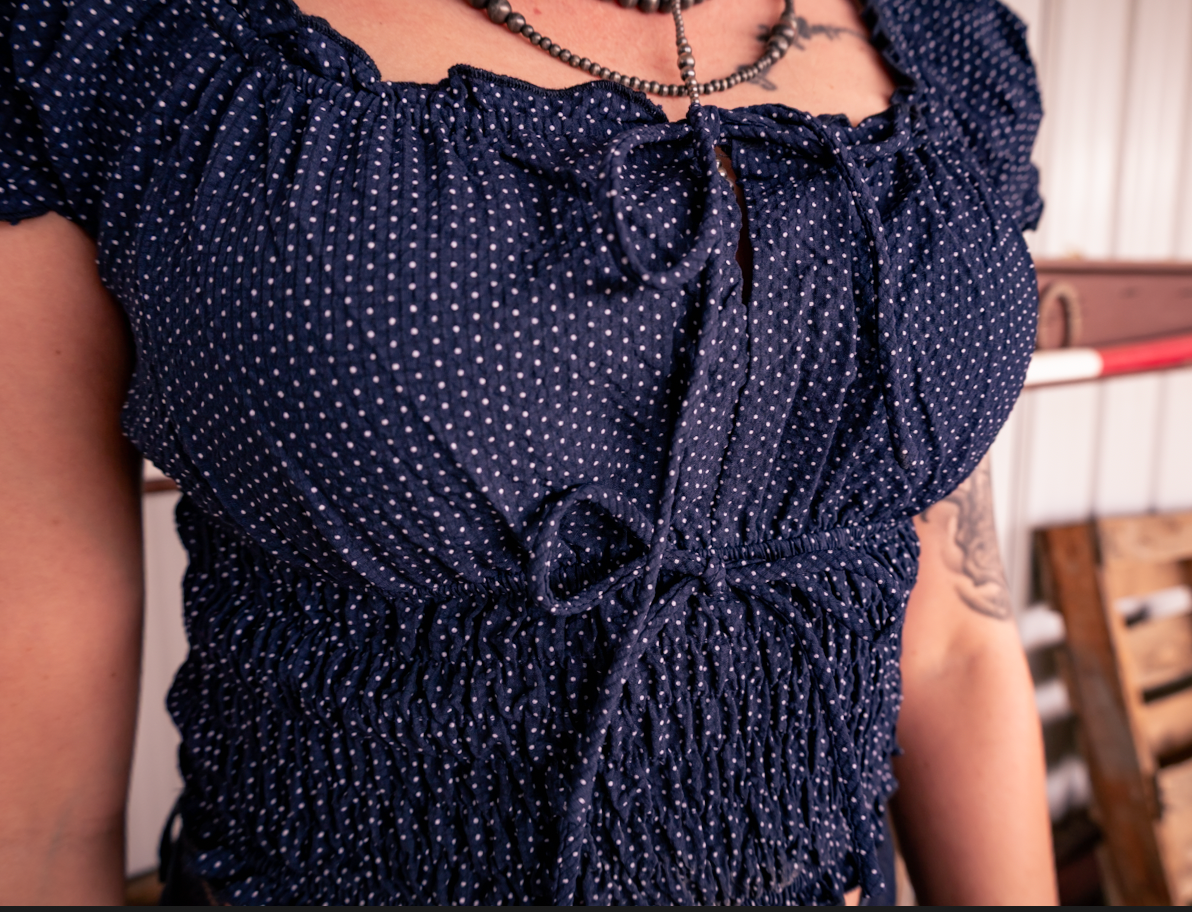 Polka Dot Ruched Drawstring Crop Top