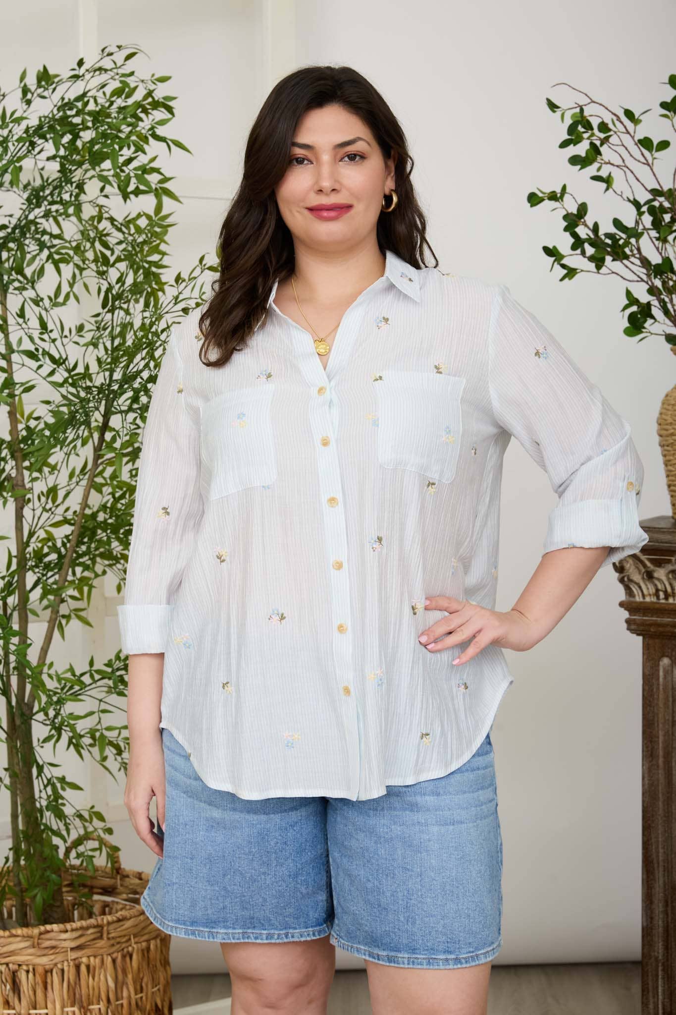 PLUS STRIPE FLORAL EMBROIDERY LONG SLEEVE TOP