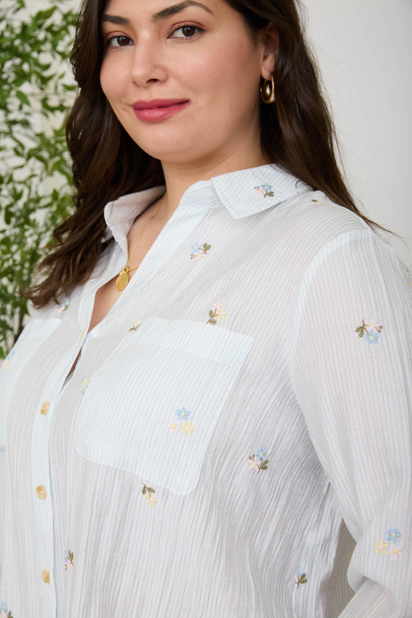 PLUS STRIPE FLORAL EMBROIDERY LONG SLEEVE TOP