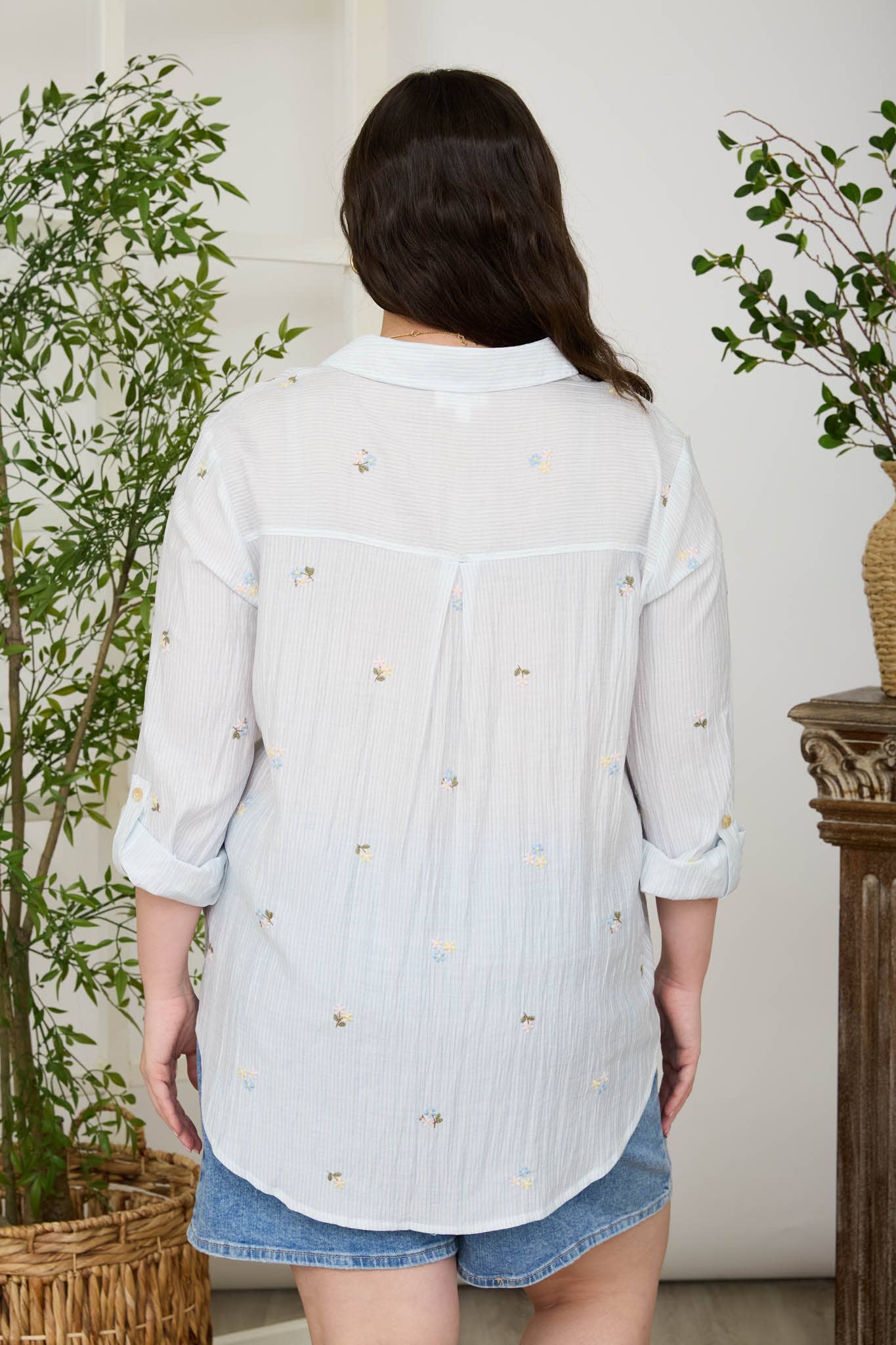 PLUS STRIPE FLORAL EMBROIDERY LONG SLEEVE TOP