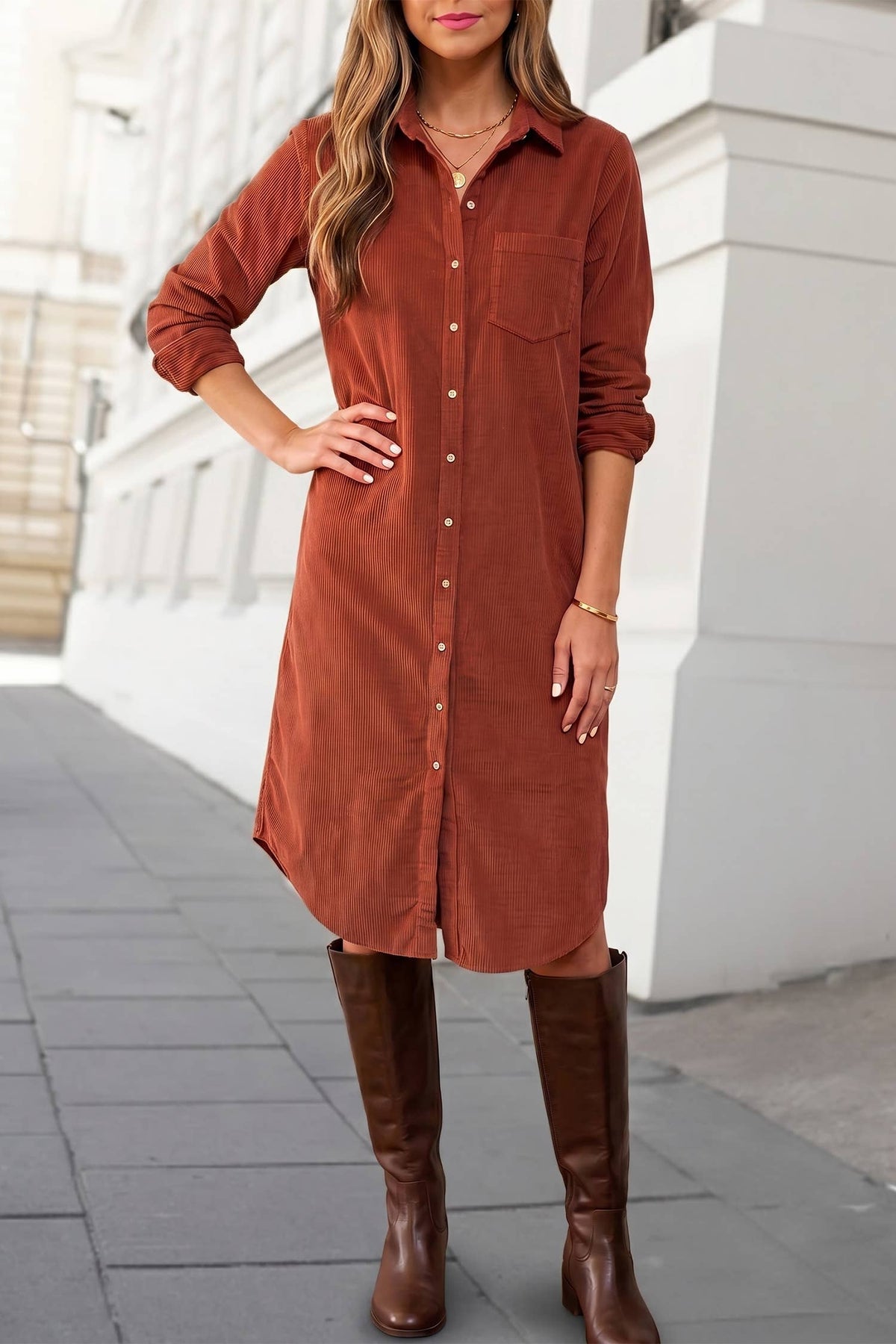 Solid Long Sleeve Button Front Shirt Style Midi Dress | S-XL