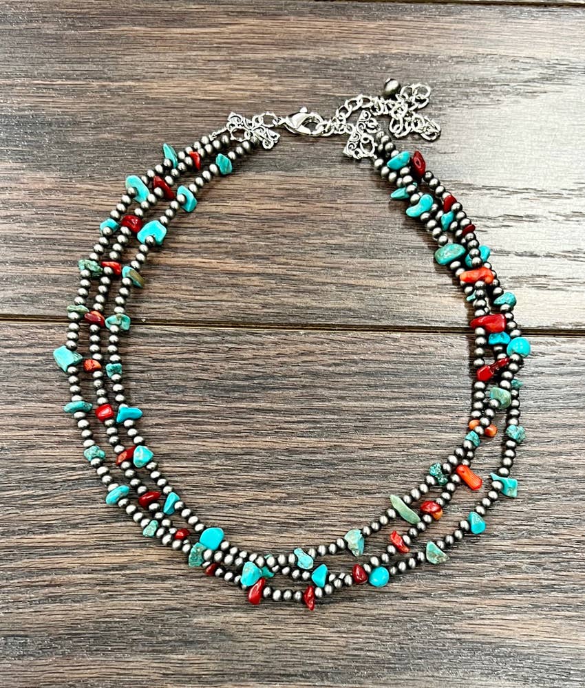 16" Western Turquoise/Coral 3-strand Necklace
