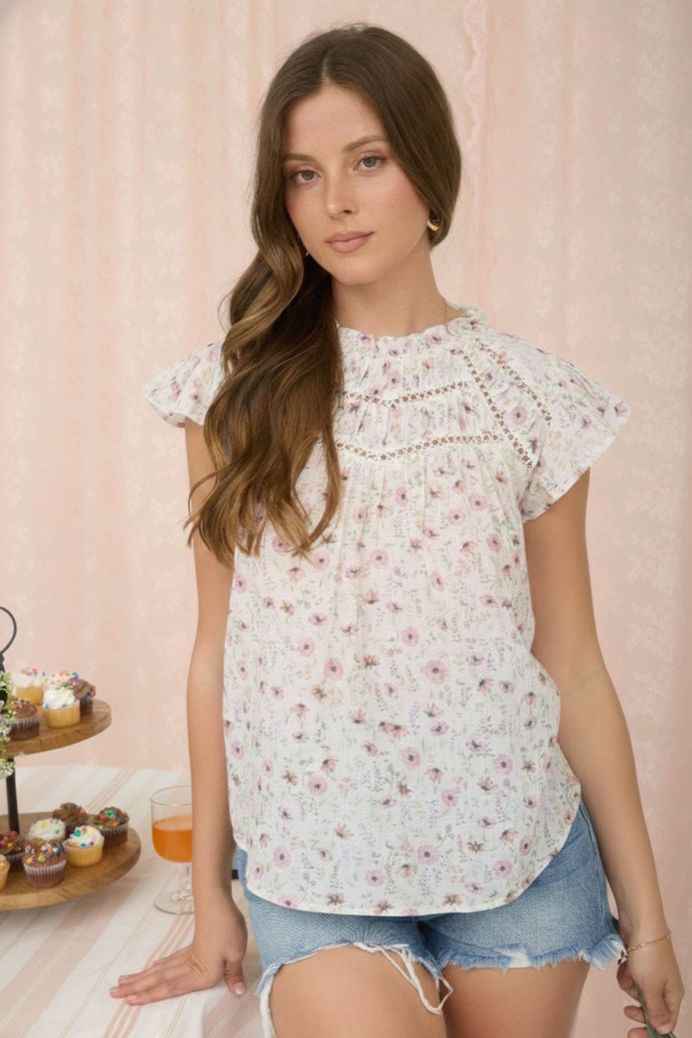 PLUS FLORAL RUFFLE DETAIL LINE LACE YOKE TOP