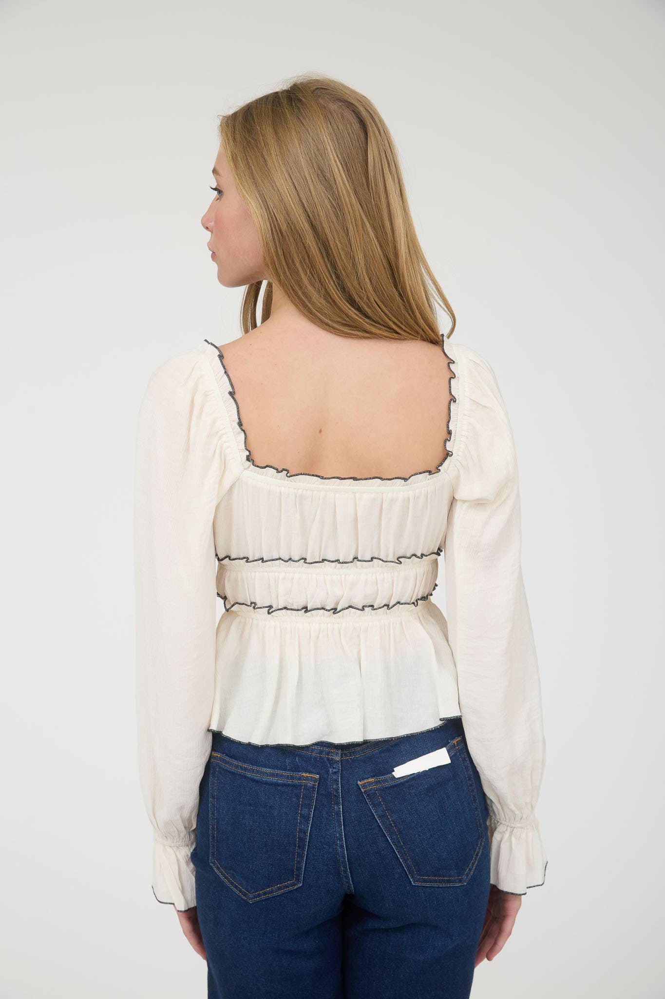 CONTRAST BOW RUFFLED LONG SLEEVE BLOUSE