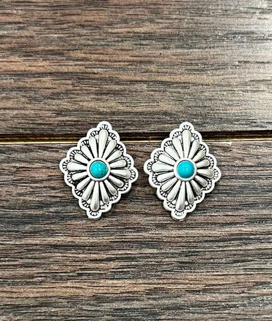 1" Brass Concho Turquoise Stud Earrings