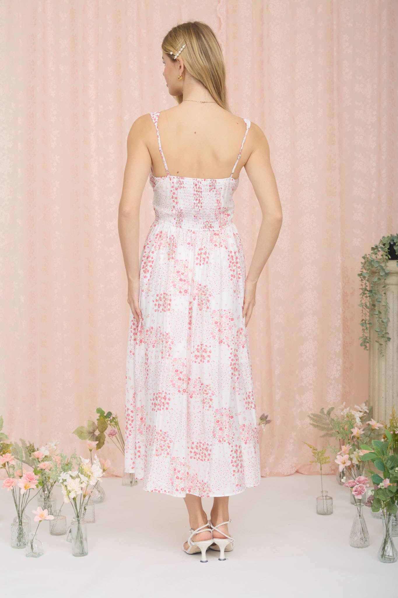 FLORAL SLEEVELESS CORSET FRONT TIE MIDI DRESS