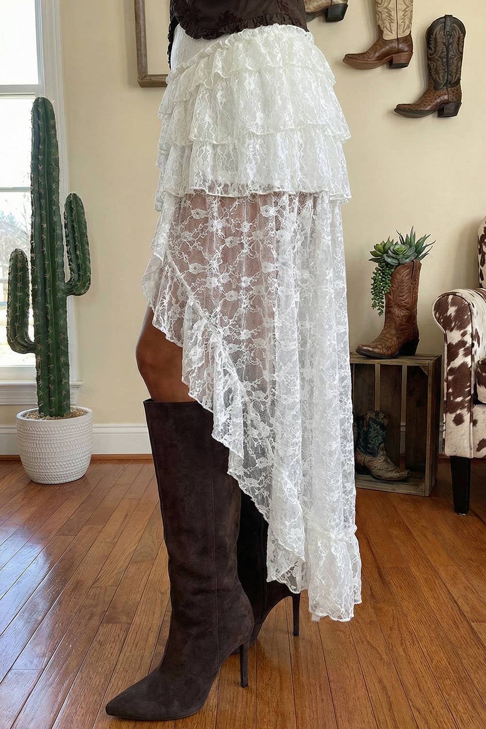 Sheer Lace Frilly Ruffles High Low Long Skirt