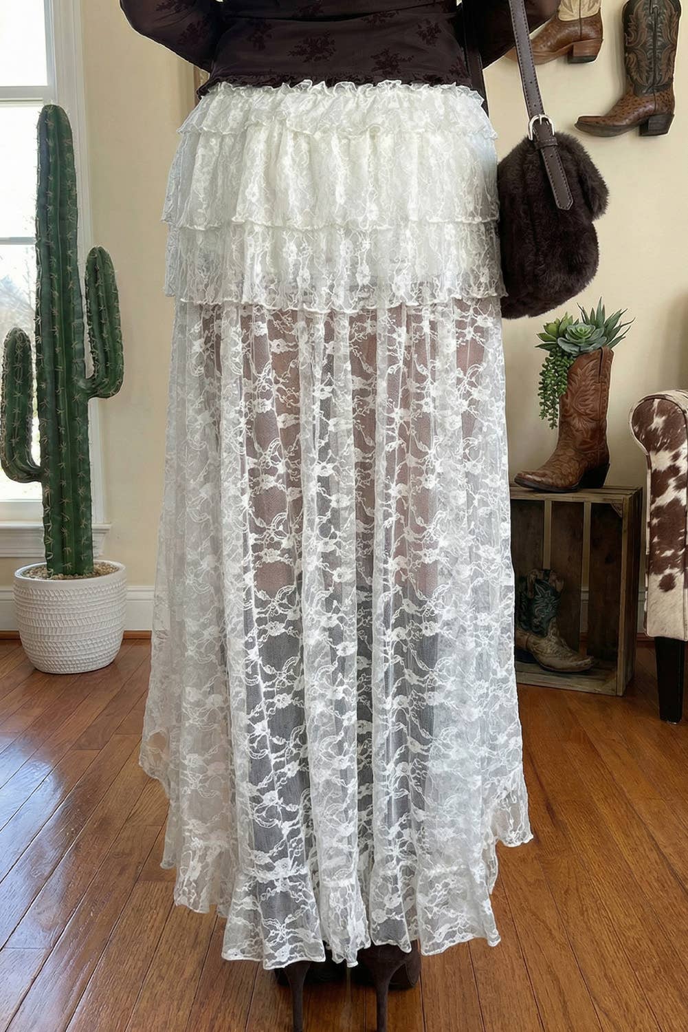 Sheer Lace Frilly Ruffles High Low Long Skirt