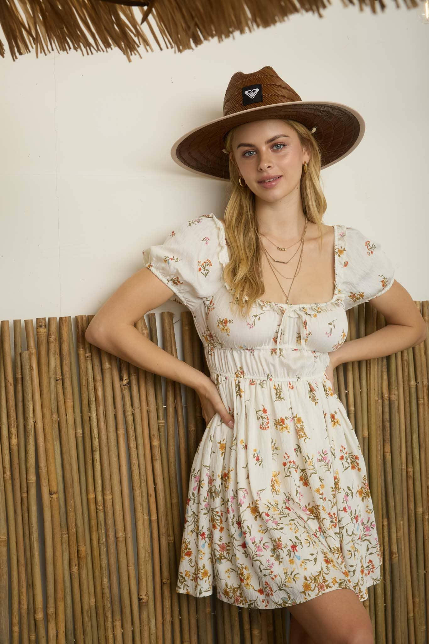 GRADIENT FLORAL FRONT TIE PUFF SLEEVE MIDI DRESS