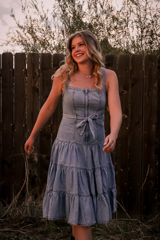 Garment Washed Tiered Zip Midi Dress