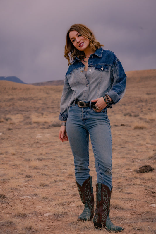 Denim Color Block Patchwork Distress Top