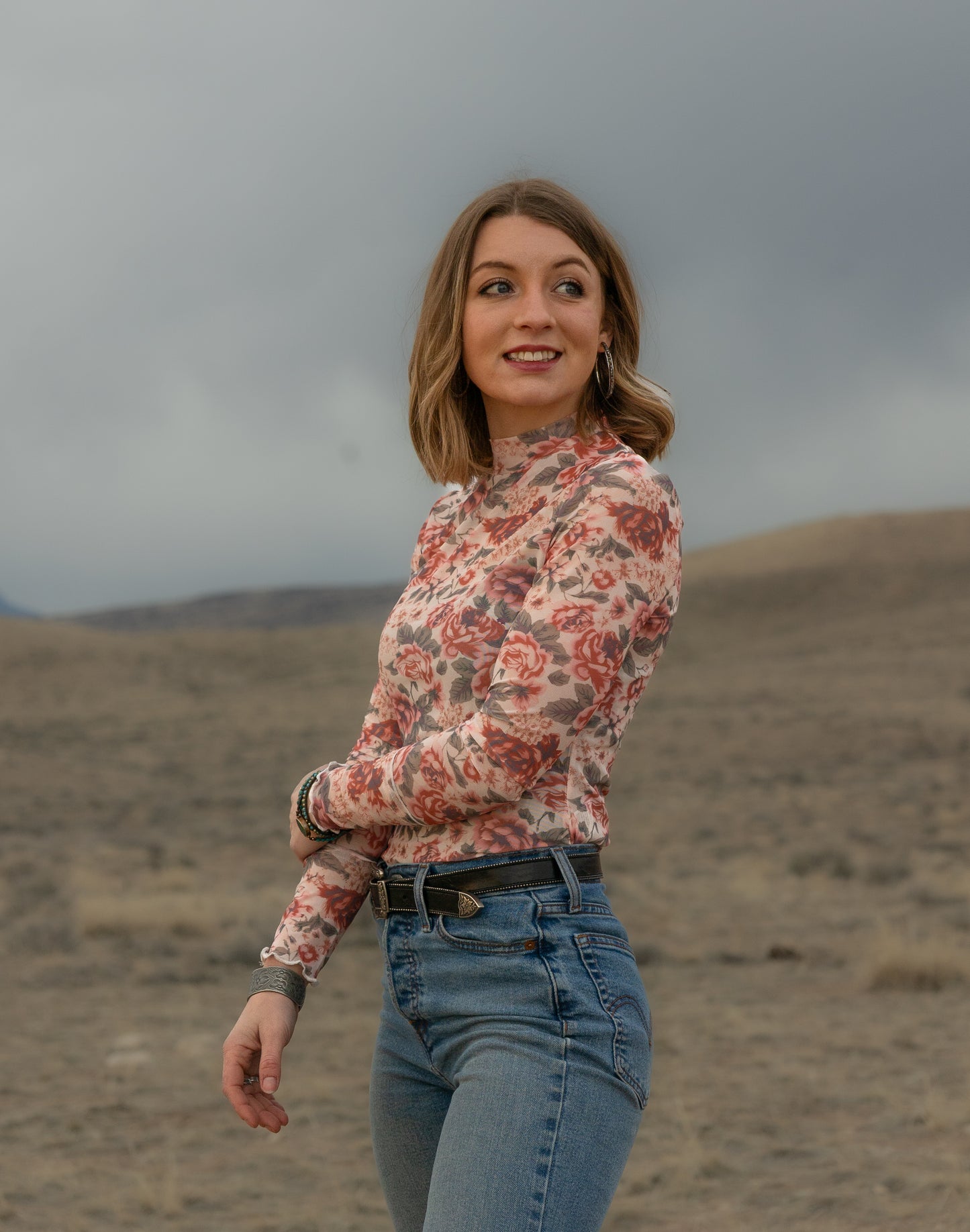 Retro Floral Print Mesh Long Sleeve Top
