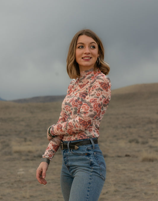 Retro Floral Print Mesh Long Sleeve Top