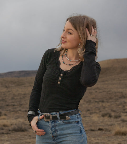 Lace Neckline with Button Decor Long Sleeve