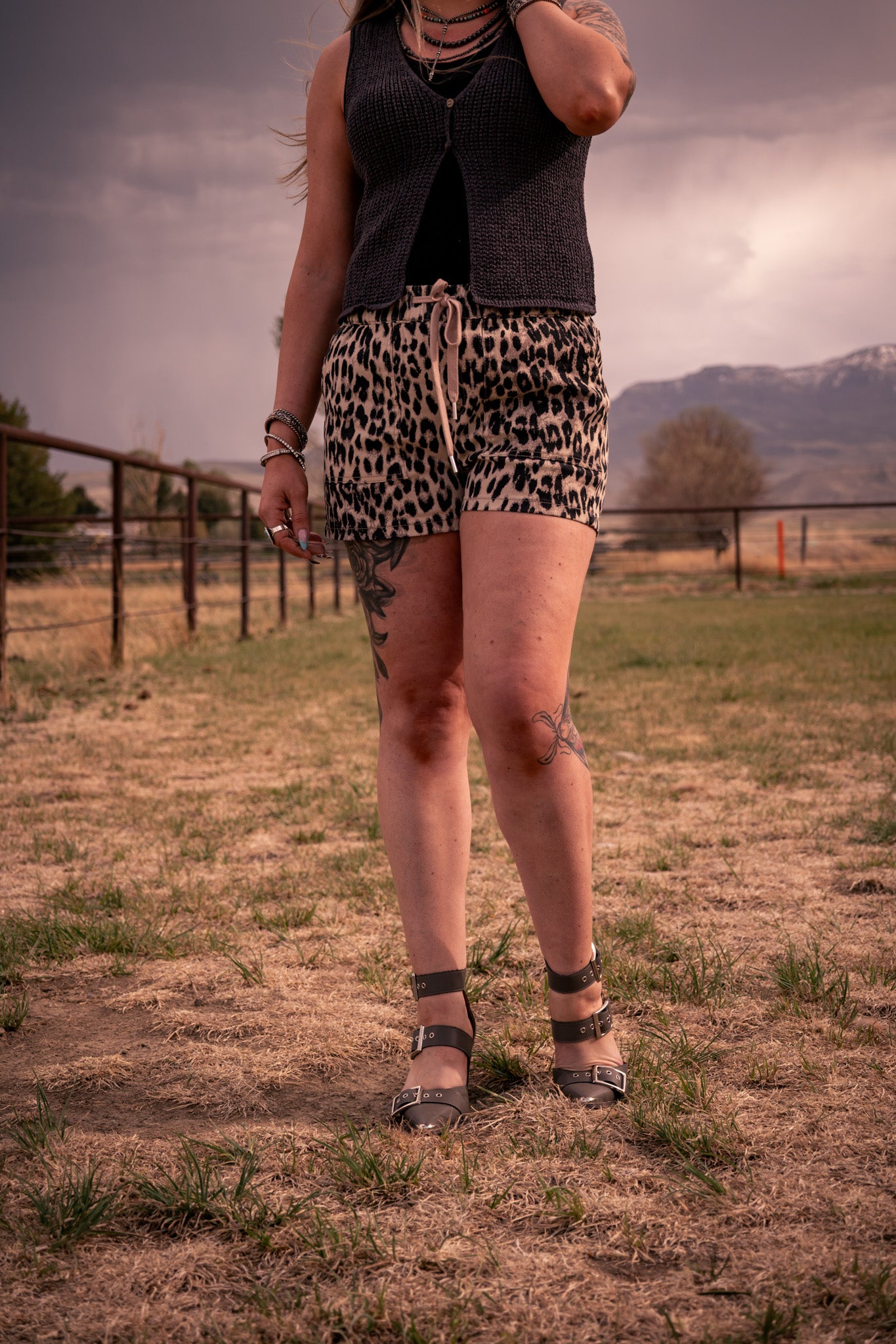 Leopard Lace-up Elastic Waistband Mid Rise Denim Shorts S-4X