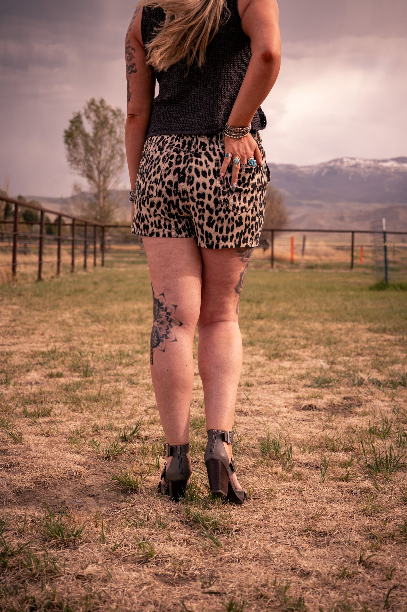 Leopard Lace-up Elastic Waistband Mid Rise Denim Shorts S-4X