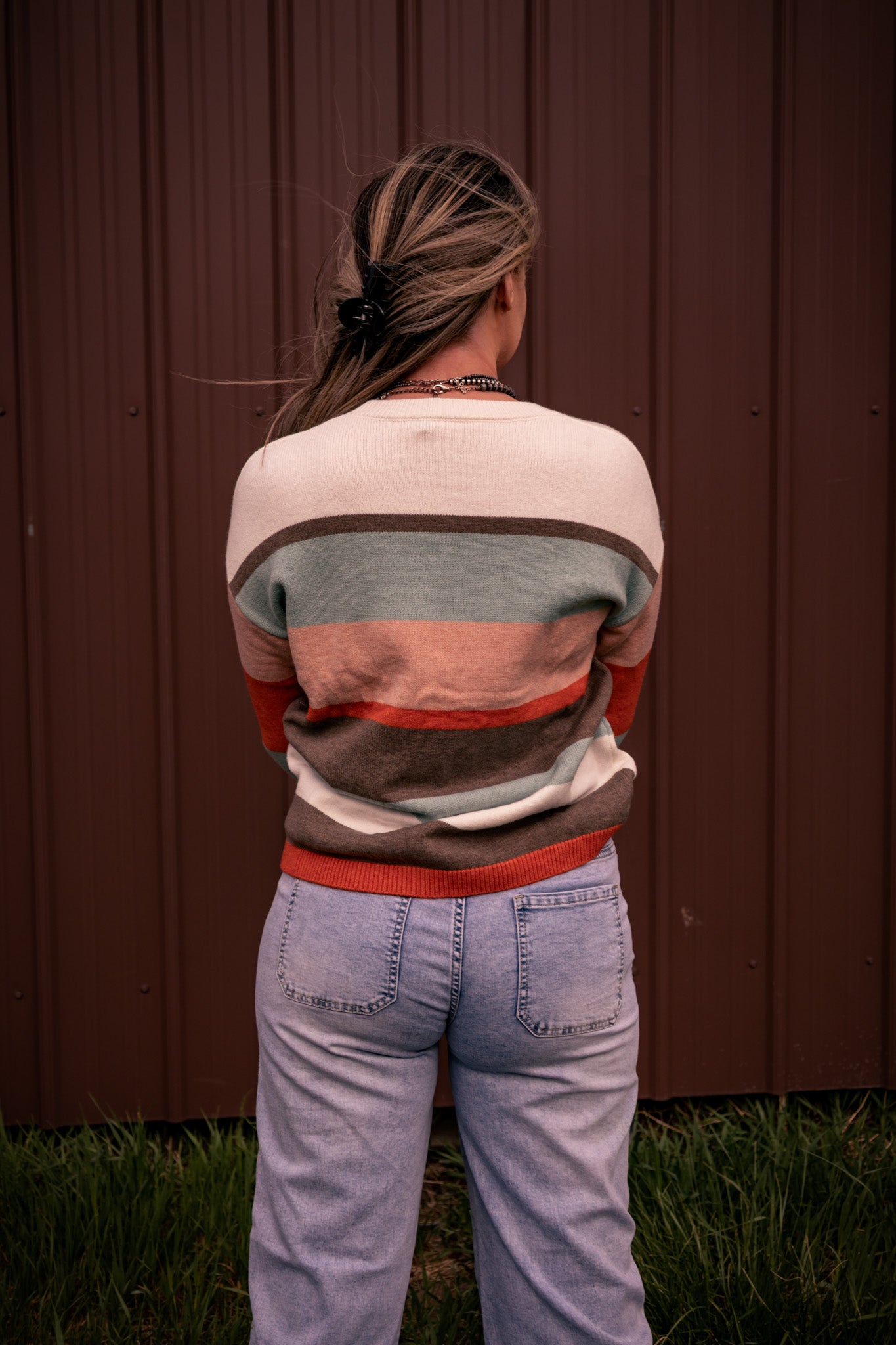 Spring 2026 Striped Color Block Knit Drop Shoulder Sweater