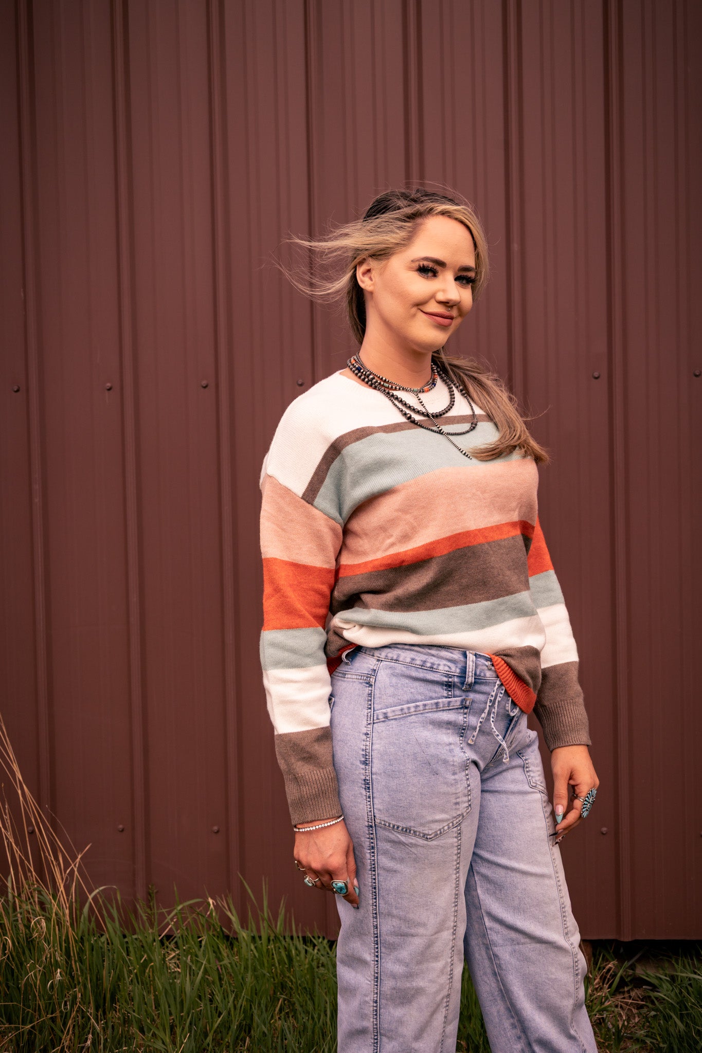 Spring 2026 Striped Color Block Knit Drop Shoulder Sweater