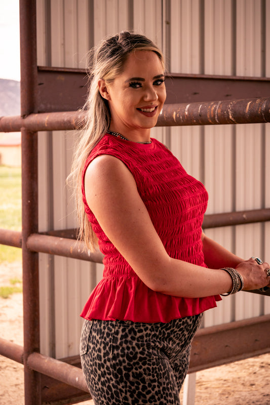 Solid Round Neck Shirred Sleeveless Tank Top