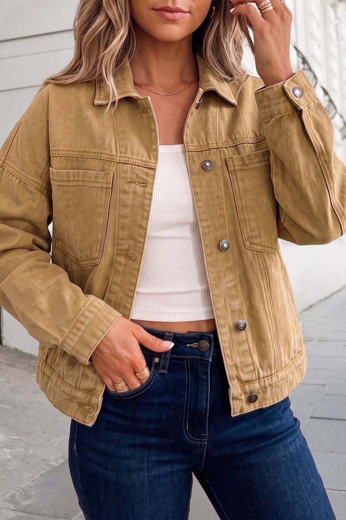 Solid Metal Button Front Collar Denim Jacket | S-XL