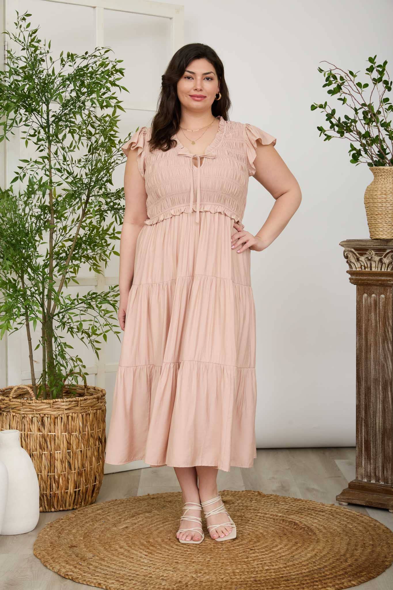 PLUS SMOCKED FRONT TIE RUFFLE DETAIL TIERED MIDI DRESS