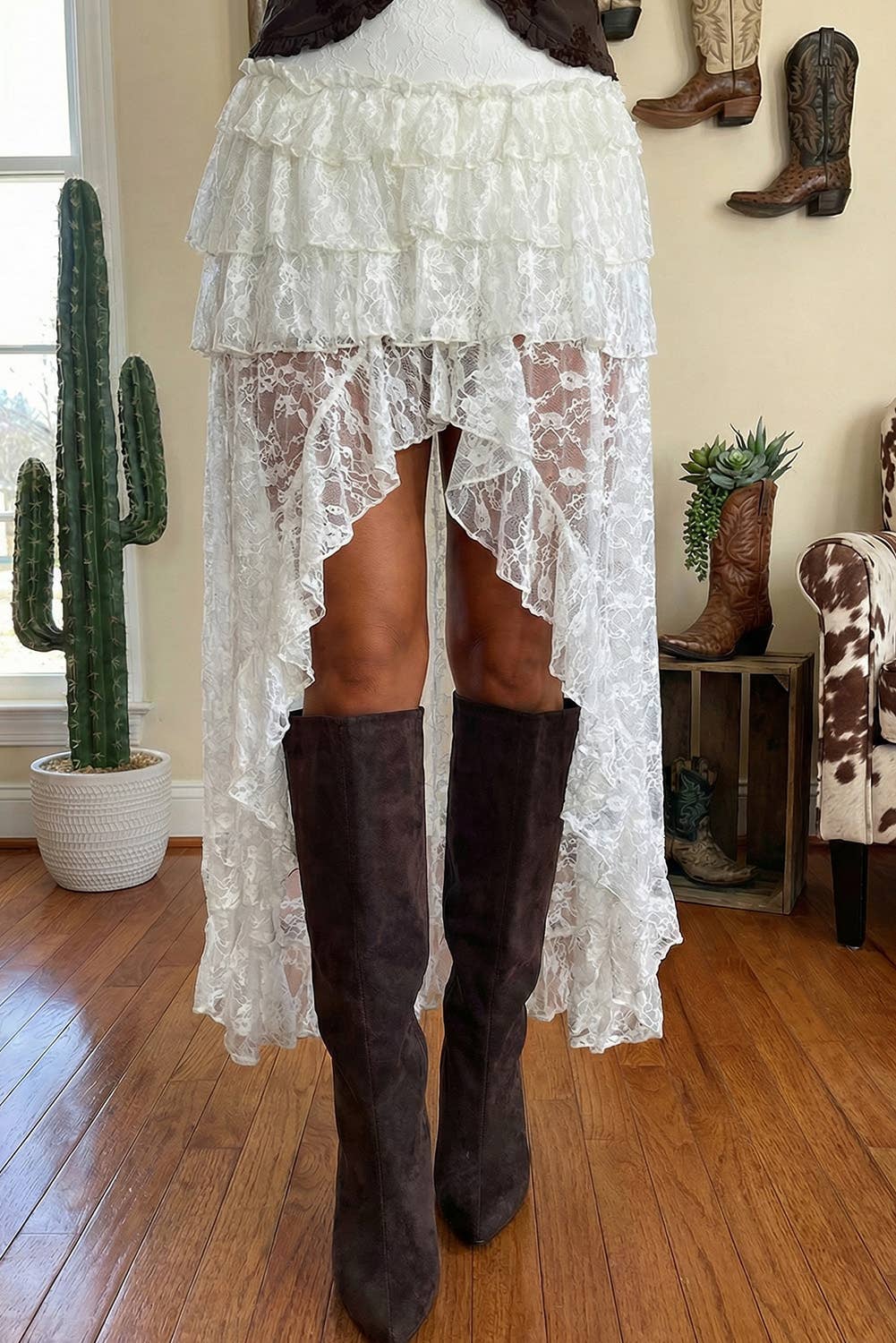 Sheer Lace Frilly Ruffles High Low Long Skirt