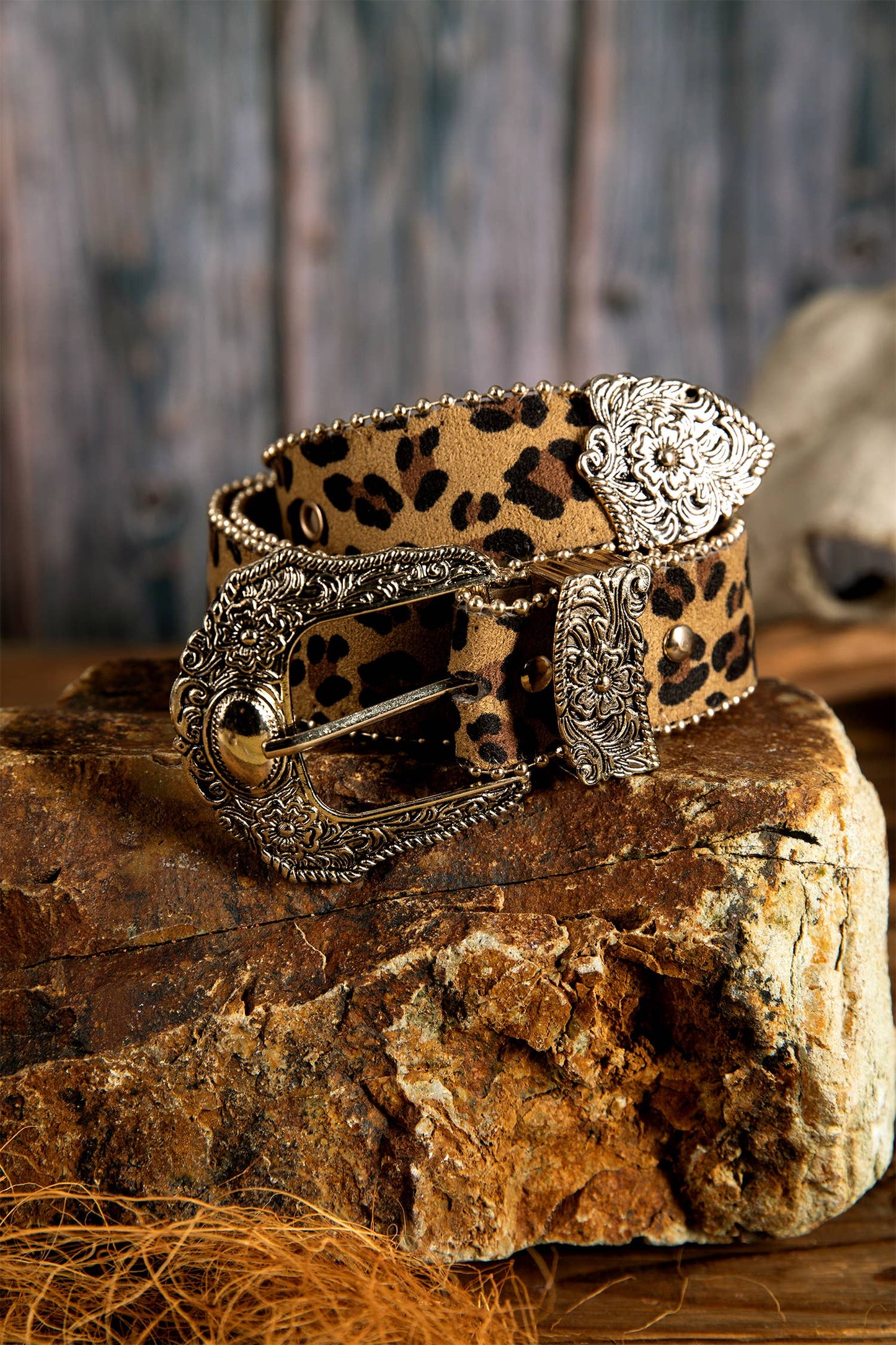 Leopard Beading Trim Retro Embossed Hardware PU Waist Belt