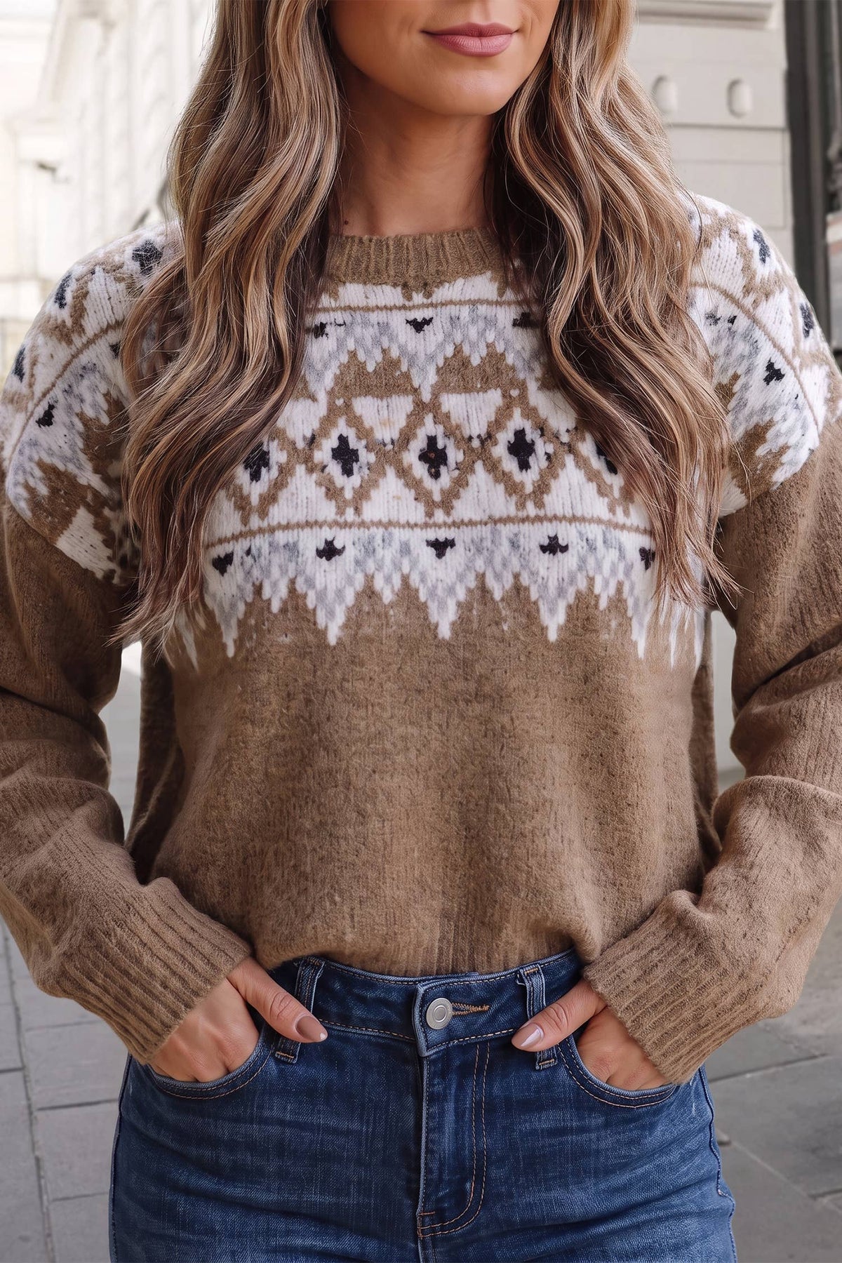 Western Print Crewneck Pullover Sweater | S-XL
