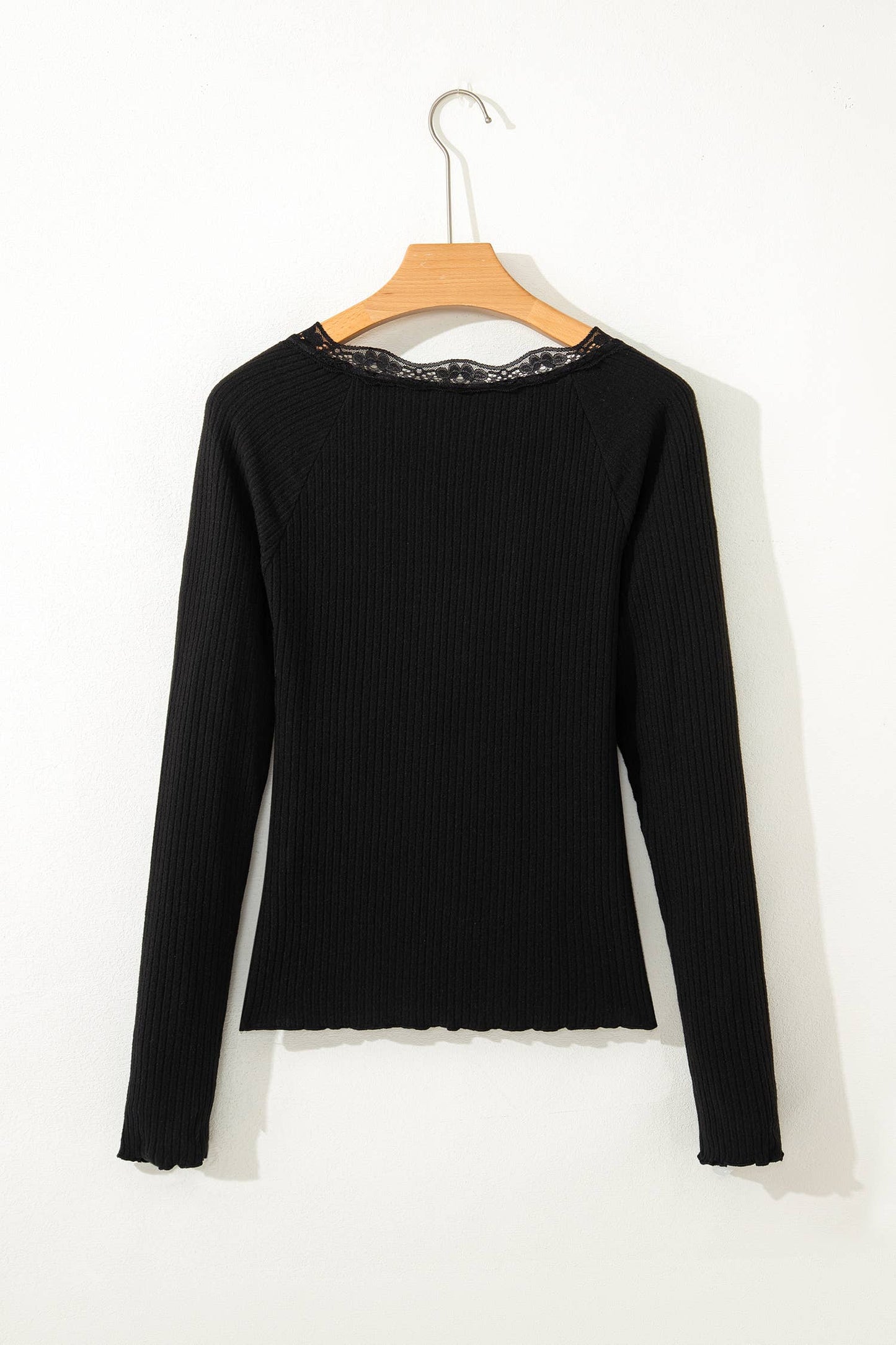 Lace Neckline Button Decor Lettuce Edge Long Sleeve Top