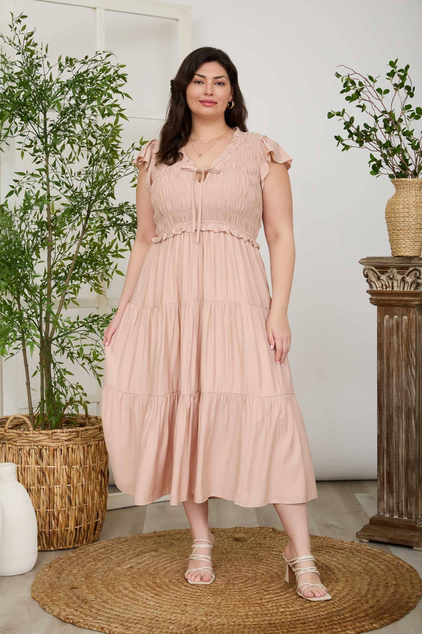 PLUS SMOCKED FRONT TIE RUFFLE DETAIL TIERED MIDI DRESS
