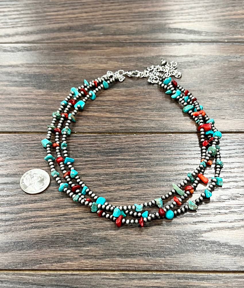 16" Western Turquoise/Coral 3-strand Necklace