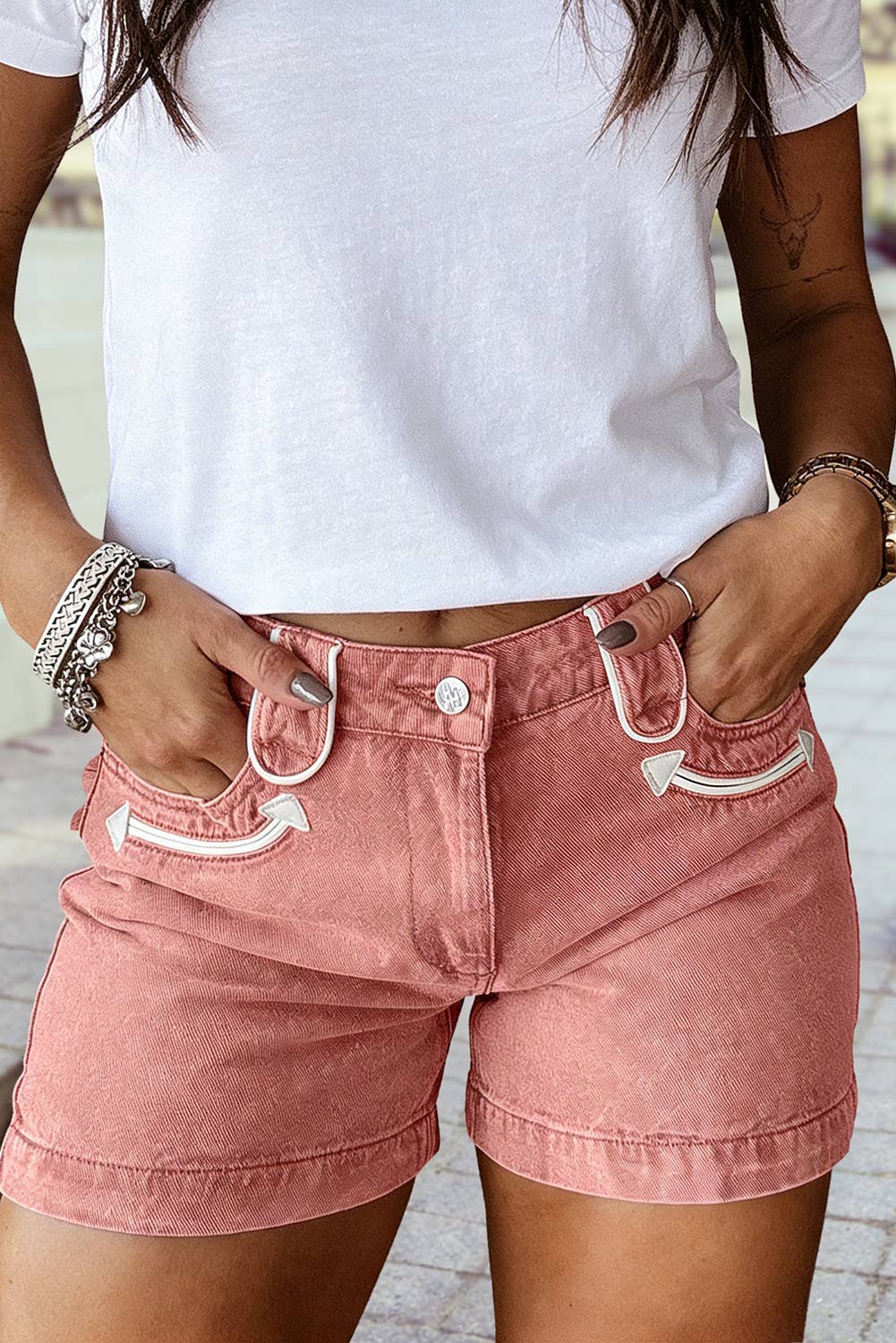 Western Contrast Arrow Detail Western Denim Shorts