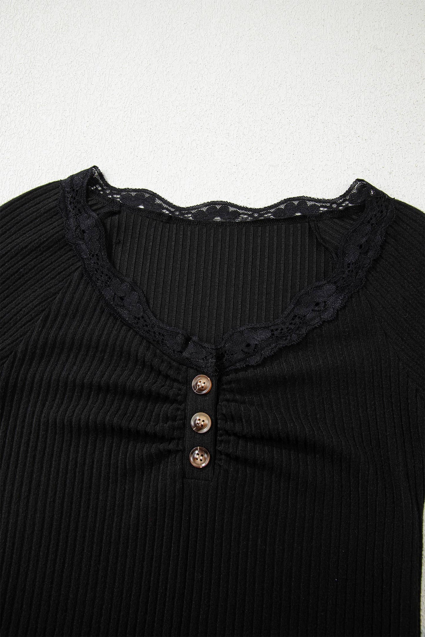 Lace Neckline Button Decor Lettuce Edge Long Sleeve Top