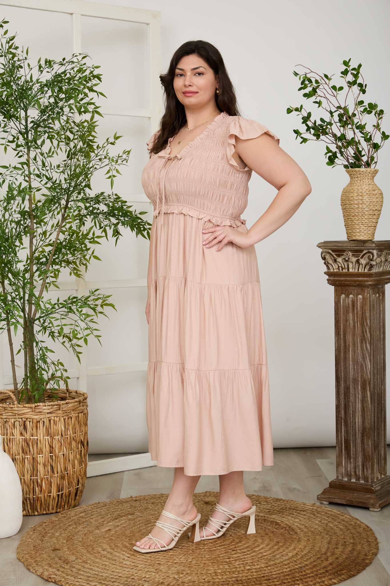 PLUS SMOCKED FRONT TIE RUFFLE DETAIL TIERED MIDI DRESS