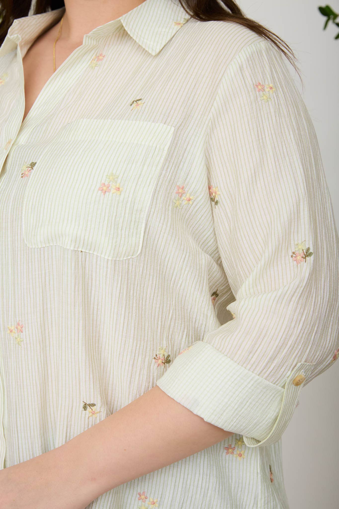 PLUS STRIPE FLORAL EMBROIDERY LONG SLEEVE TOP