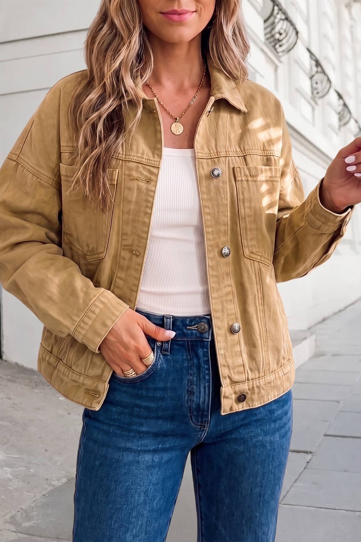 Solid Metal Button Front Collar Denim Jacket | S-XL