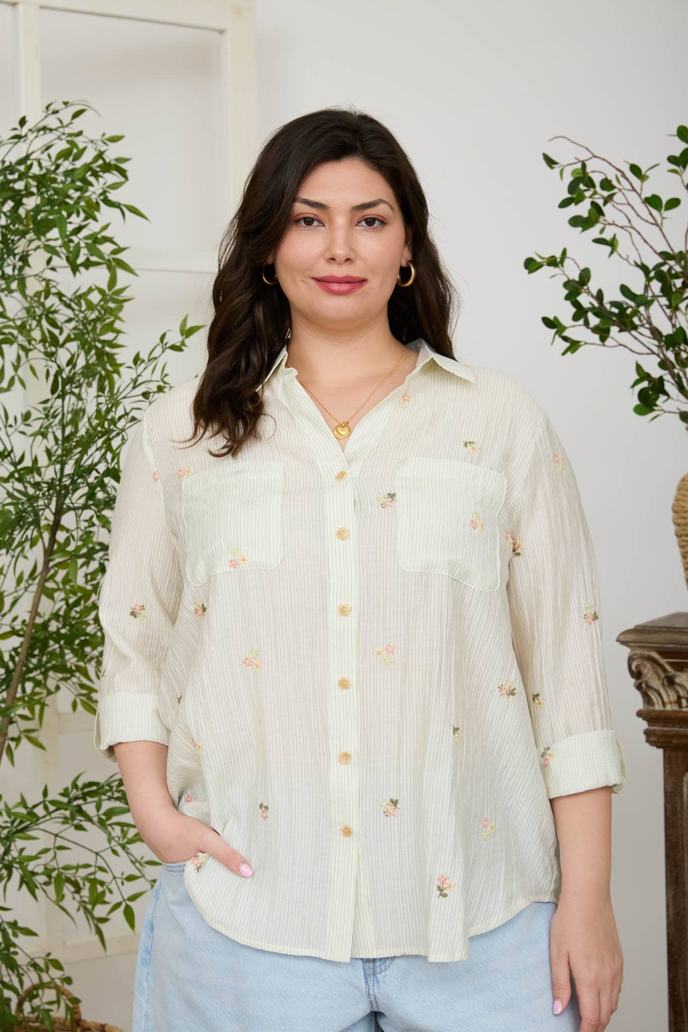 PLUS STRIPE FLORAL EMBROIDERY LONG SLEEVE TOP