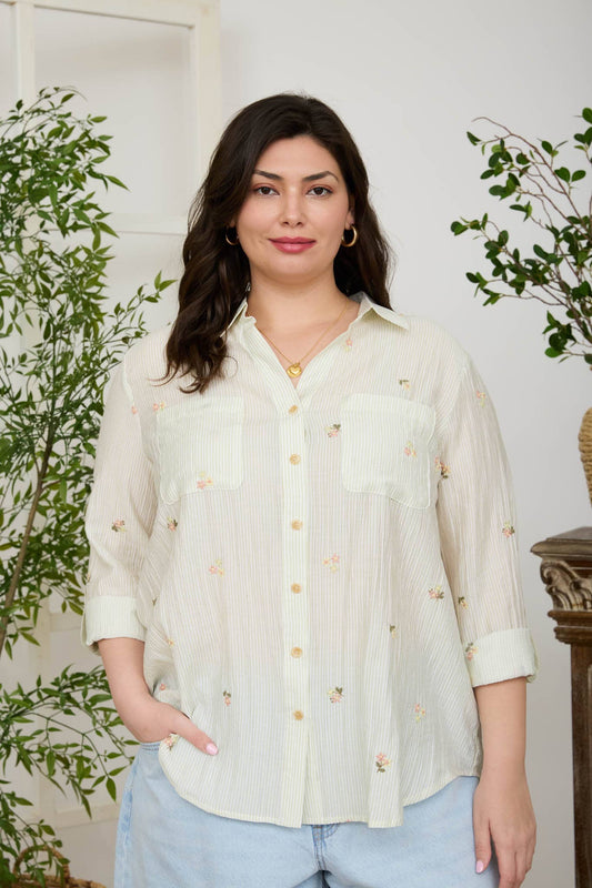 PLUS STRIPE FLORAL EMBROIDERY LONG SLEEVE TOP