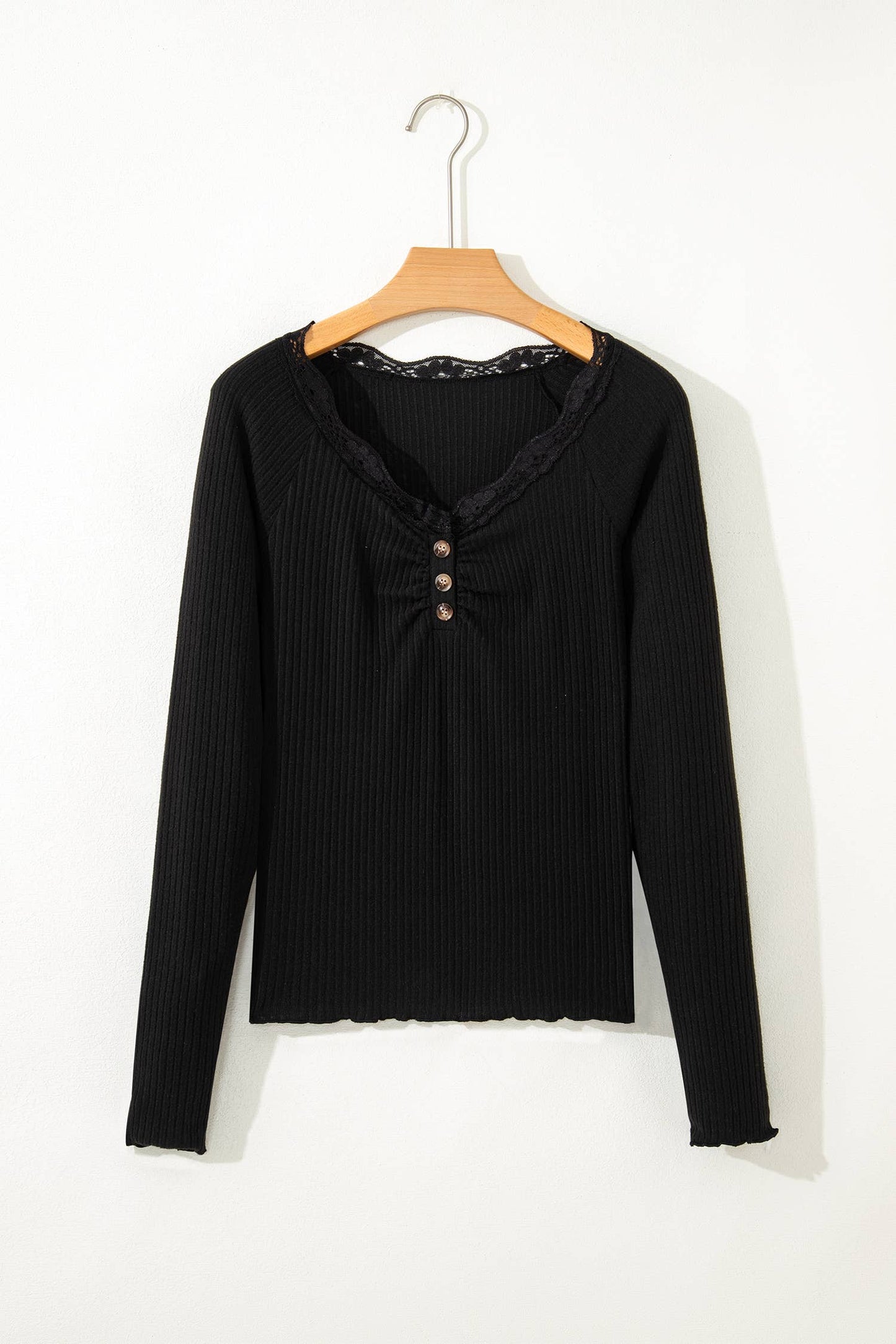 Lace Neckline Button Decor Lettuce Edge Long Sleeve Top