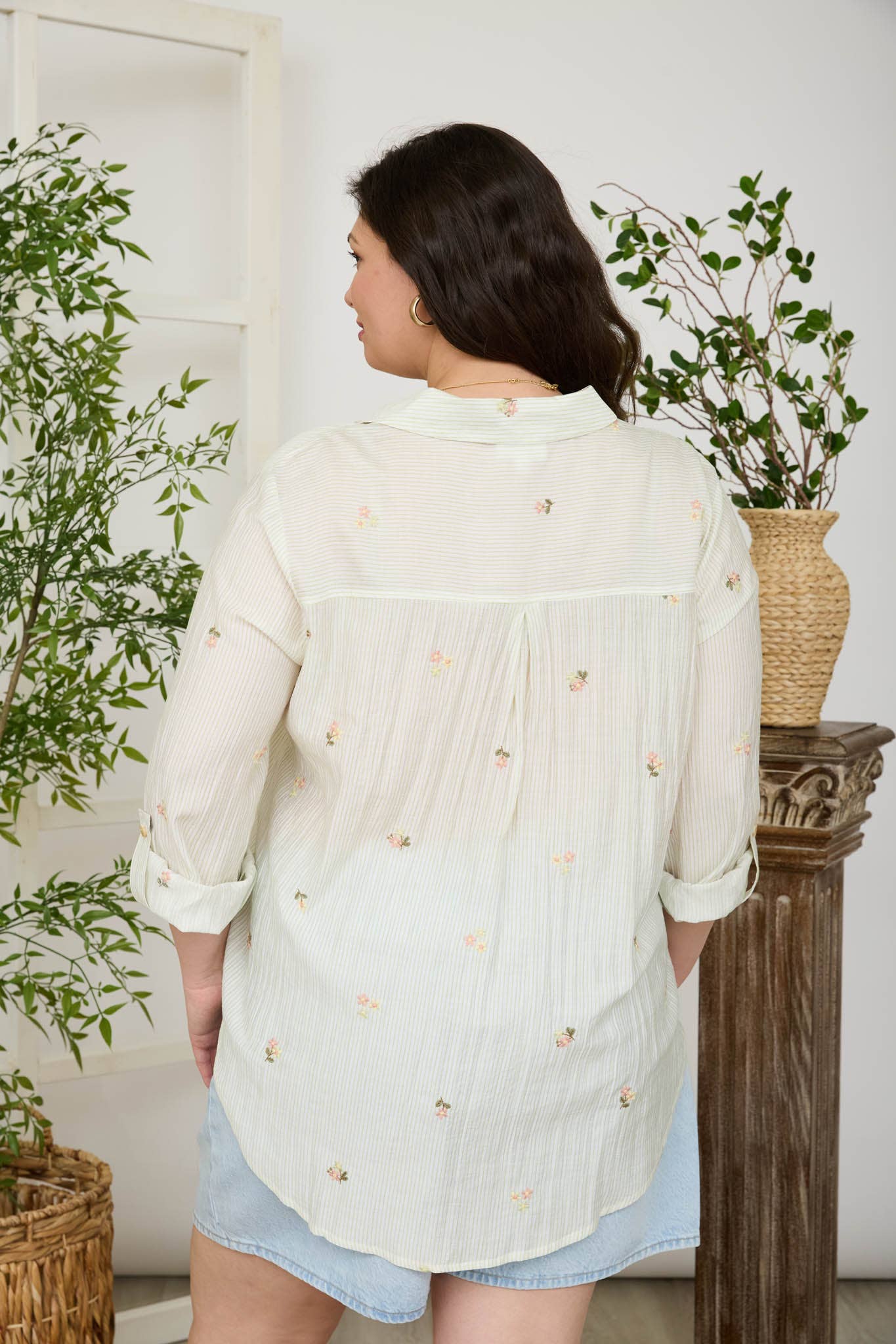 PLUS STRIPE FLORAL EMBROIDERY LONG SLEEVE TOP