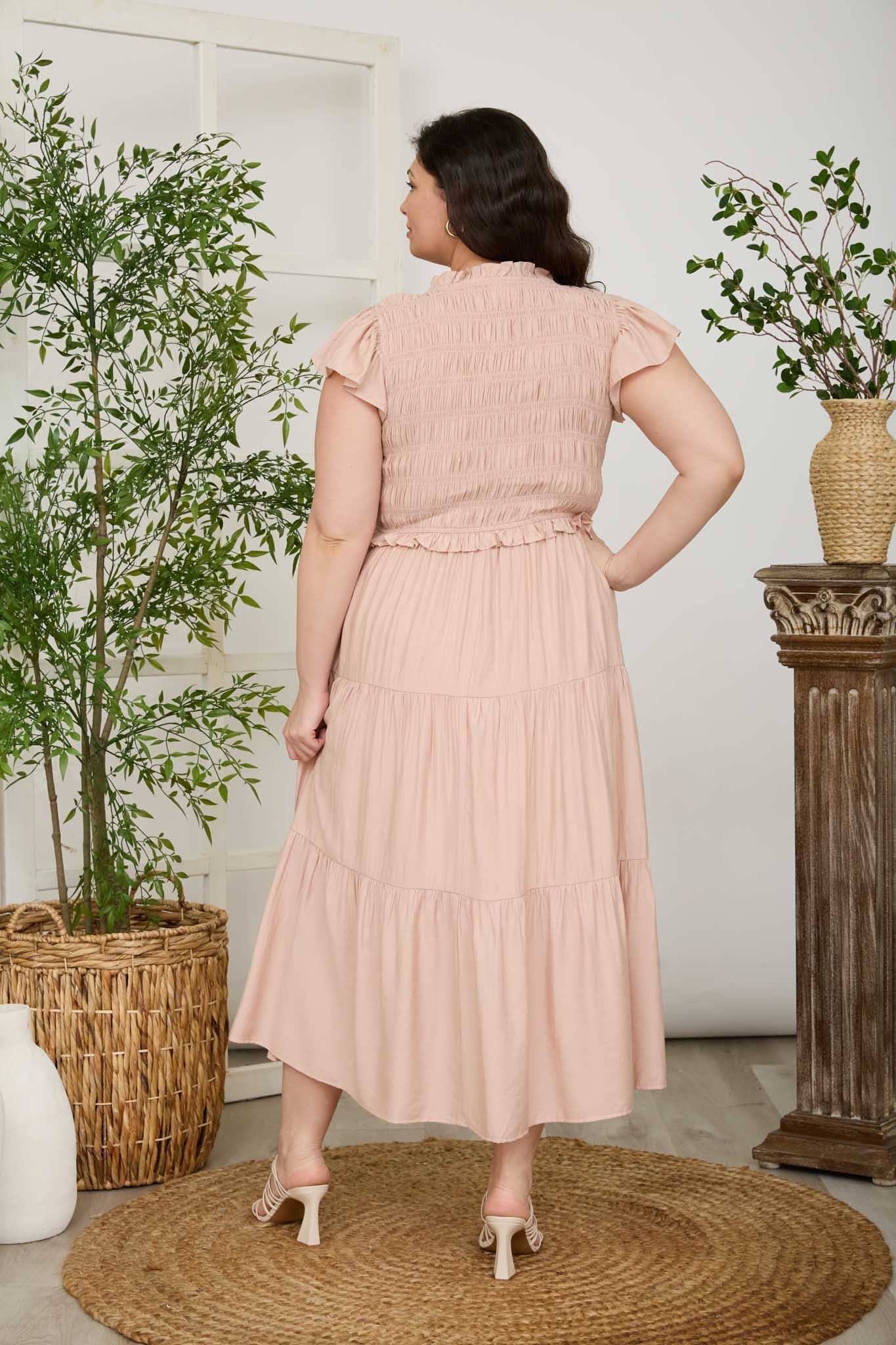 PLUS SMOCKED FRONT TIE RUFFLE DETAIL TIERED MIDI DRESS
