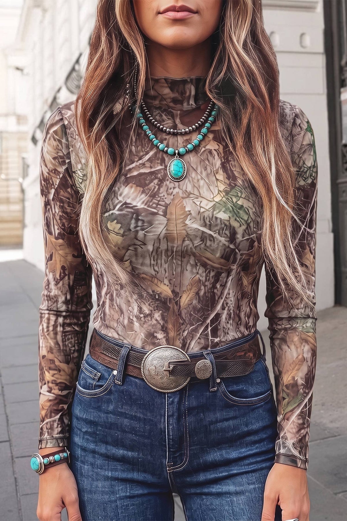 Western Print Mock Neck Slim Fit Mesh Top | S-XL